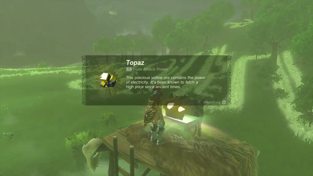 Topaz item box above the opened chest on a wooden platform in the meadow Topaz item box above the opened chest on a wooden platform in the meadow