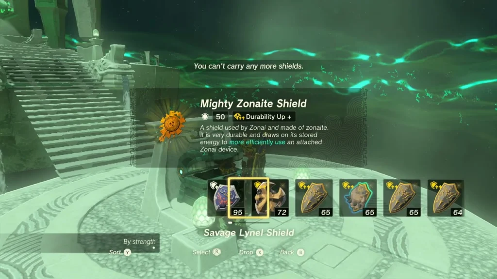 Mighty Zonaite Shield item box above the opened shrine chest Mighty Zonaite Shield item box above the opened shrine chest