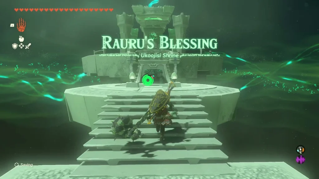 Ukoojisi Shrine's Rauru's Blessing title over the stairs to the statue Ukoojisi Shrine's Rauru's Blessing title over the stairs to the statue