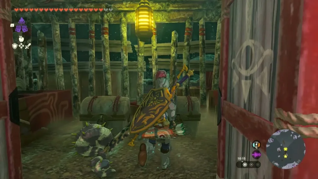 Yiga base storehouse with crates and an open red door in the Faron Depths Yiga base storehouse with crates and an open red door in the Faron Depths