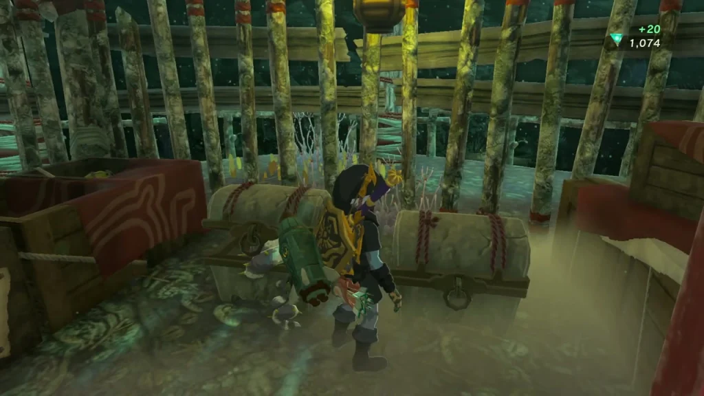 Yiga storehouse with crates and red banners in the western Faron Depths Yiga storehouse with crates and red banners in the western Faron Depths