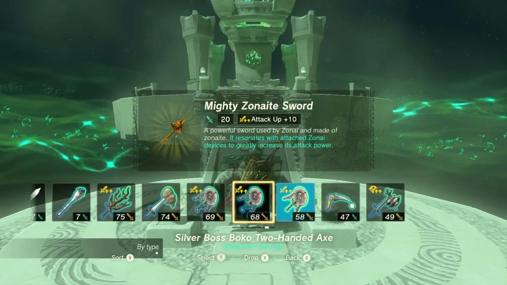 Mighty Zonaite Sword item box held up in En-oma Shrine Mighty Zonaite Sword item box held up in En-oma Shrine
