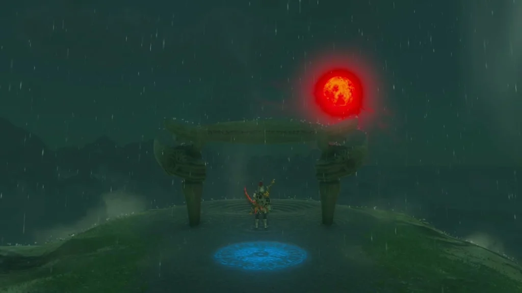 Stone arch with a glowing blue pad on the shrine hill under a blood moon Stone arch with a glowing blue pad on the shrine hill under a blood moon