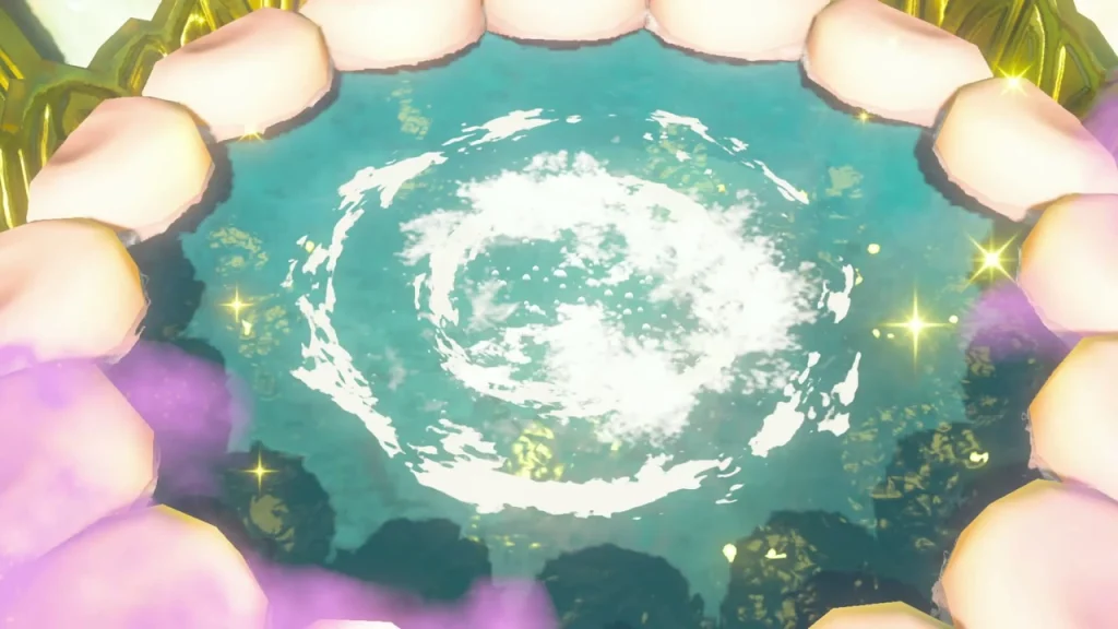 Pink flower-ringed pool of the Great Fairy fountain Pink flower-ringed pool of the Great Fairy fountain