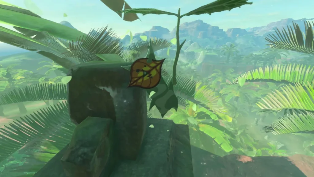 Korok on a stone pillar among palm fronds Korok on a stone pillar among palm fronds