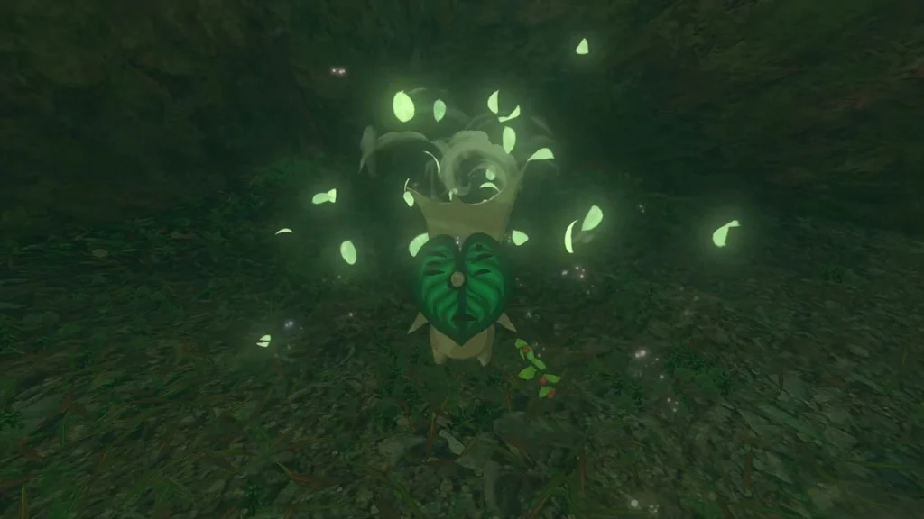 Forest slope with a leaf trail ending at a Korok Forest slope with a leaf trail ending at a Korok