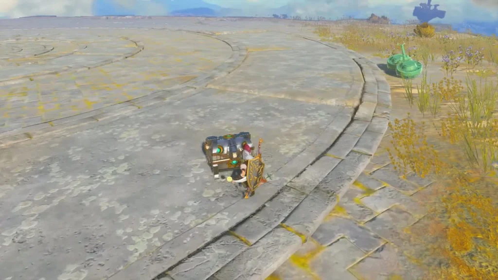Chest on the stone-ringed sky platform with a Zonai block beside it Chest on the stone-ringed sky platform with a Zonai block beside it