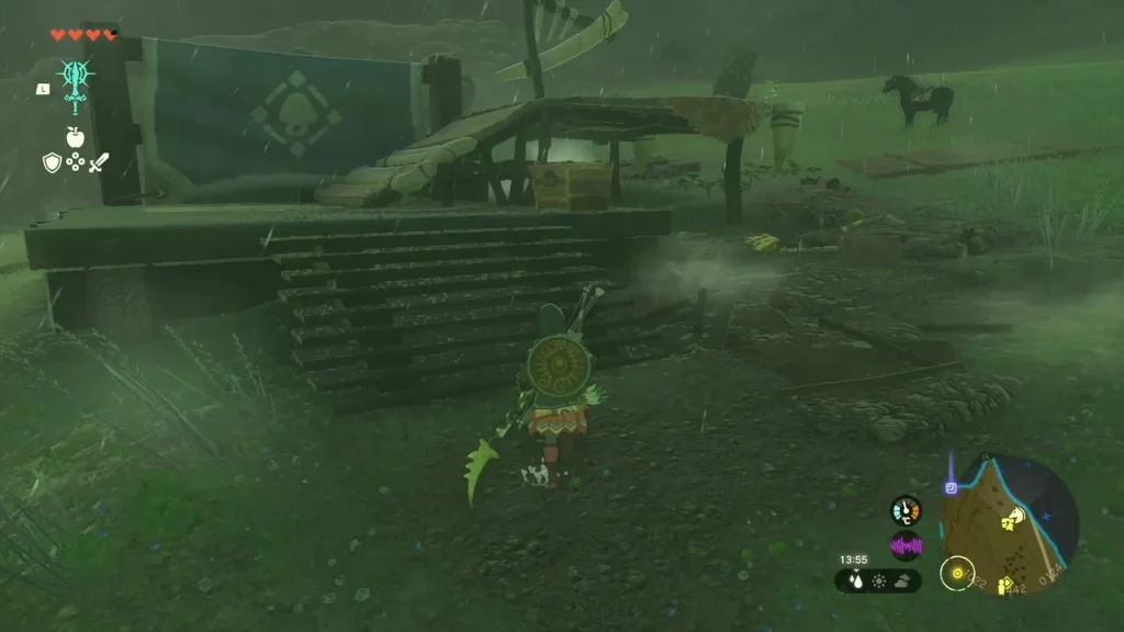 Wooden stairs of a Bokoblin lookout with a blue banner on the plain Wooden stairs of a Bokoblin lookout with a blue banner on the plain