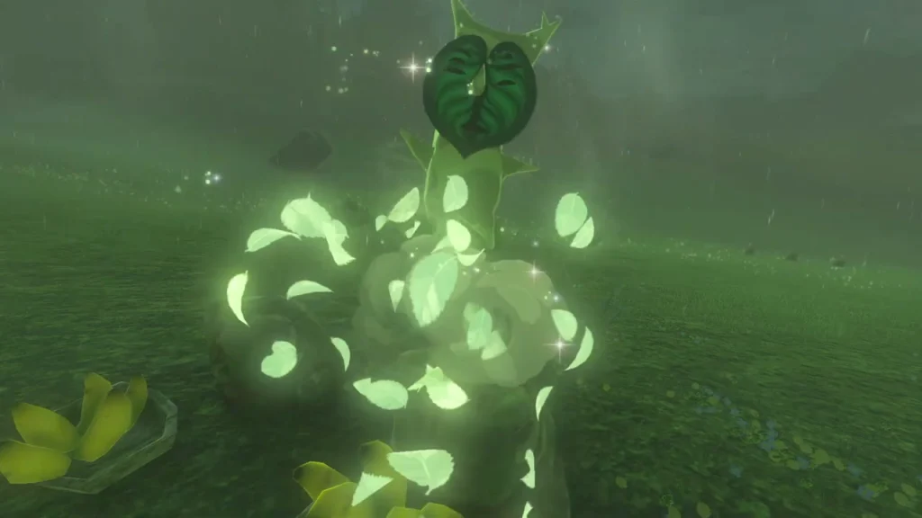Korok with a leaf and yellow flowers beside the offering Korok with a leaf and yellow flowers beside the offering