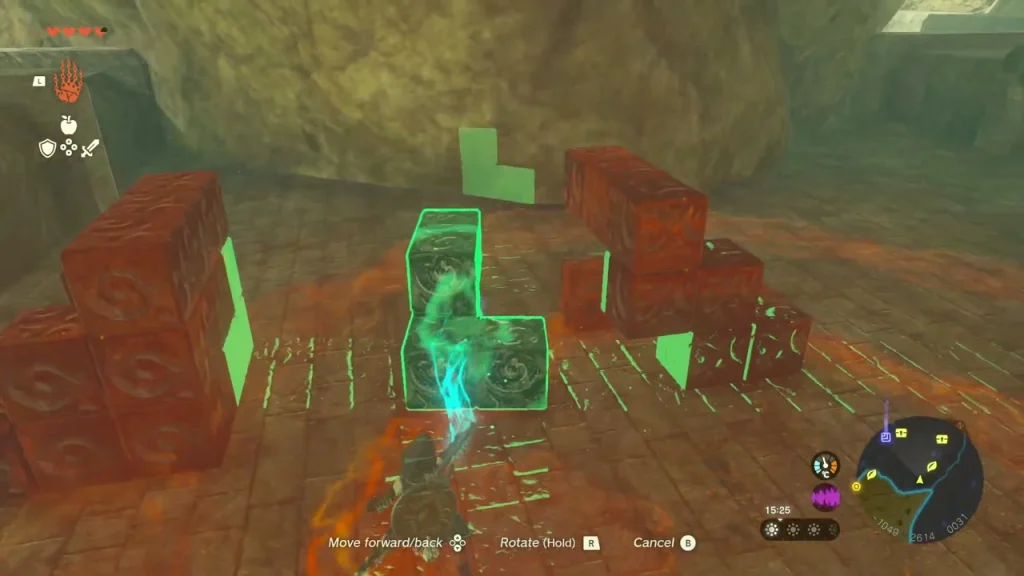Stone block held over a red outline with green slots on the canyon floor Stone block held over a red outline with green slots on the canyon floor
