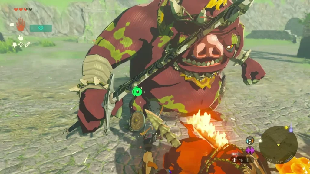 Boss Bokoblin charging across the paved ruins courtyard Boss Bokoblin charging across the paved ruins courtyard