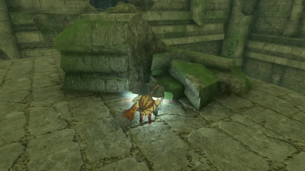 Chest glowing beneath a fallen mossy stone slab Chest glowing beneath a fallen mossy stone slab