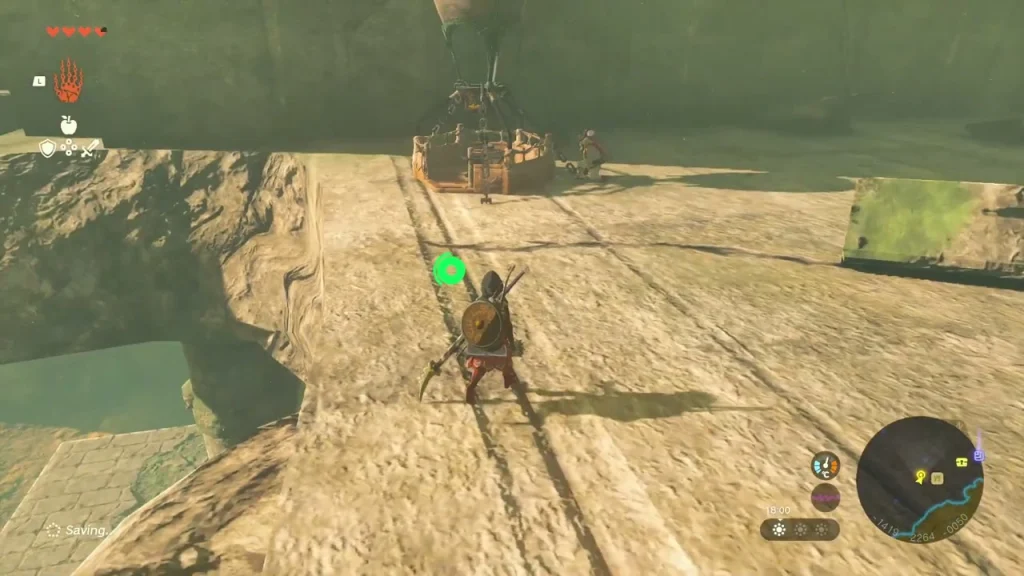 Impa's balloon parked on the temple approach beside a cracked stone path Impa's balloon parked on the temple approach beside a cracked stone path