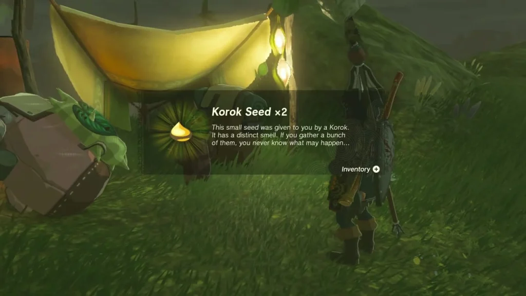 Korok Seed x2 item box in front of the friend's tent at the camp Korok Seed x2 item box in front of the friend's tent at the camp