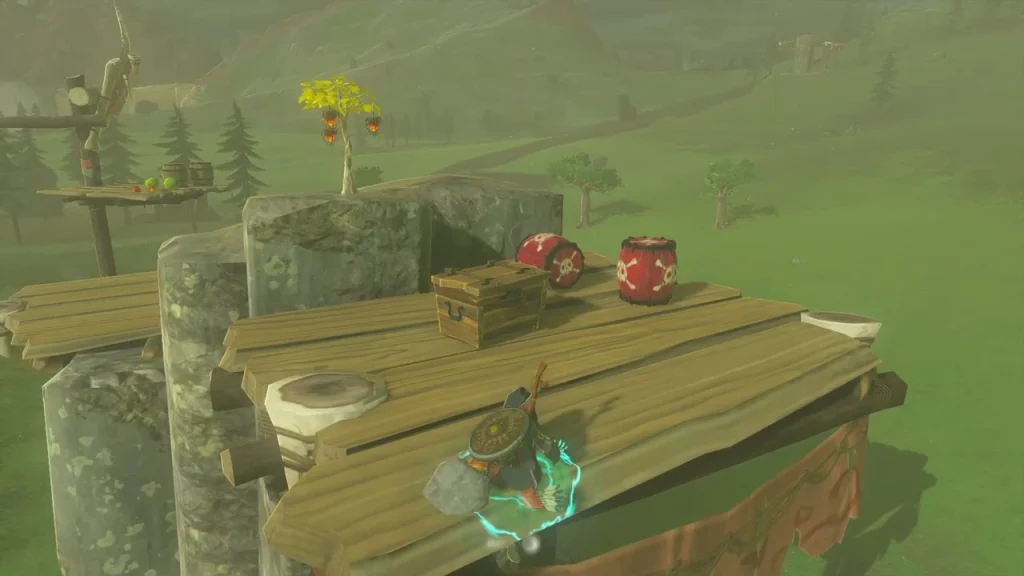 Plank platform with red barrels, a chest and a fruit tree on stone pillars Plank platform with red barrels, a chest and a fruit tree on stone pillars