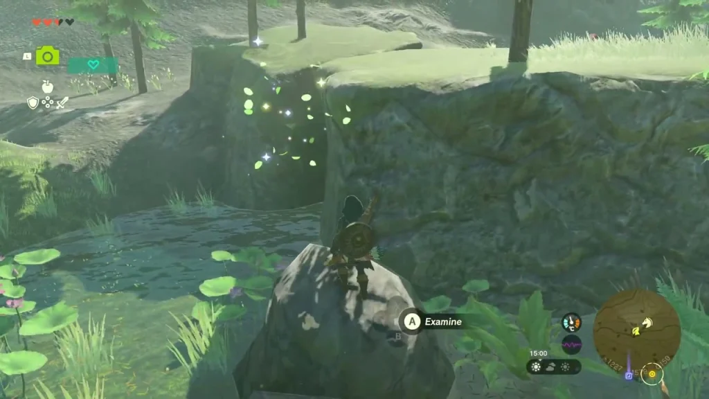 Examine prompt over sparkles above the pond boulder Examine prompt over sparkles above the pond boulder