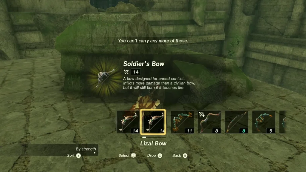 Soldier's Bow item box over the chest by the fallen slab Soldier's Bow item box over the chest by the fallen slab