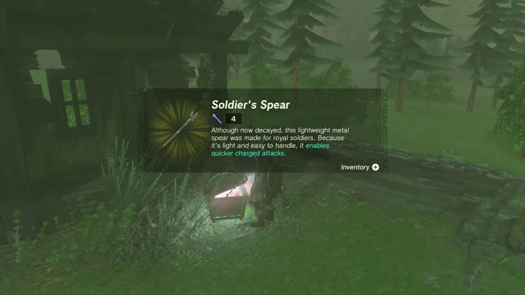 Soldier's Spear item box over the chest beside the ruined hut Soldier's Spear item box over the chest beside the ruined hut