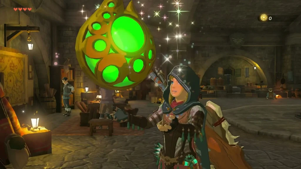 Stamina Vessel held overhead beside the statue's lamp-lit alcove Stamina Vessel held overhead beside the statue's lamp-lit alcove