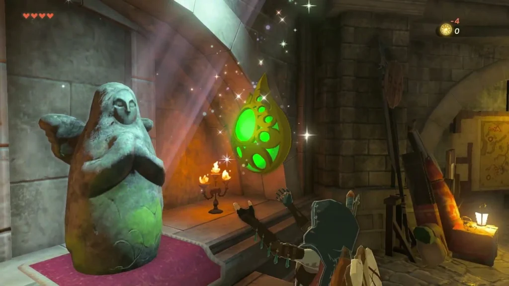 Goddess statue offering a glowing green Stamina Vessel in the Emergency Shelter Goddess statue offering a glowing green Stamina Vessel in the Emergency Shelter
