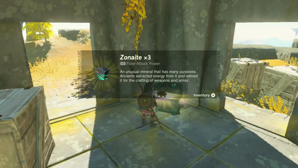 Zonaite x3 item box over the chest in the ruined stone doorway Zonaite x3 item box over the chest in the ruined stone doorway