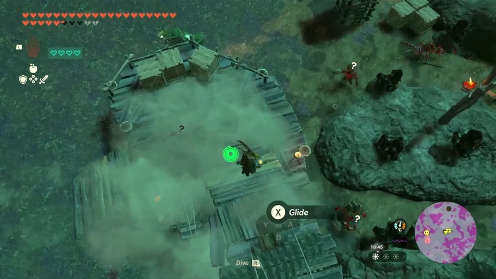 Glider heading toward a raft platform in a Bokoblin camp Glider heading toward a raft platform in a Bokoblin camp