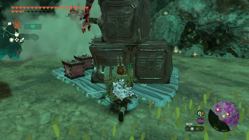 Treasure chest at the foot of a stack of stone crates Treasure chest at the foot of a stack of stone crates