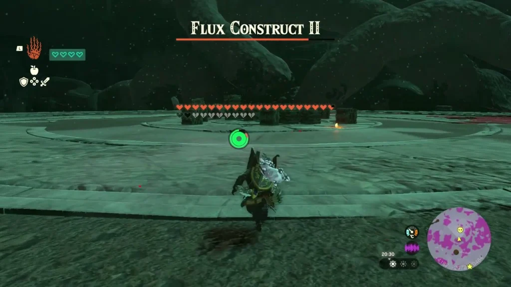 Flux Construct II with its health bar in a round stone arena Flux Construct II with its health bar in a round stone arena