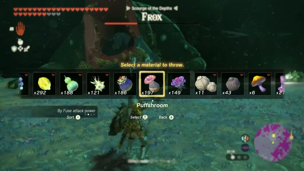 Frox fight with Puffshroom selected to throw at its feet Frox fight with Puffshroom selected to throw at its feet