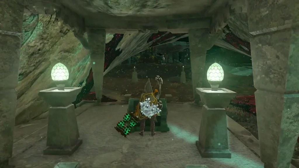 Chest between two glowing lamps in a small stone chamber Chest between two glowing lamps in a small stone chamber