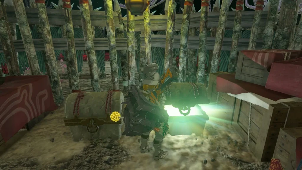 Chests in a Yiga camp tent with a lantern Chests in a Yiga camp tent with a lantern