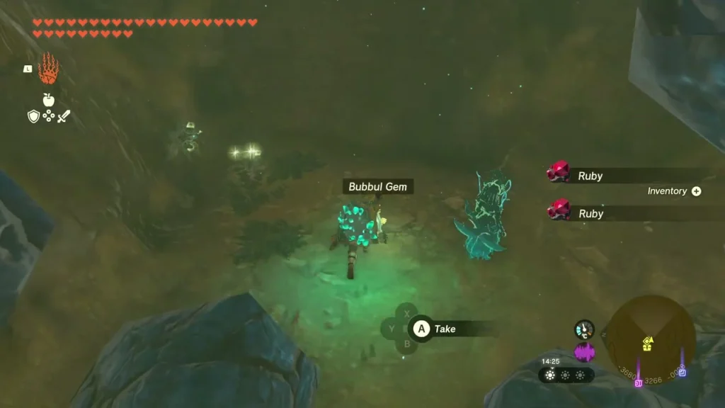 Bubbulfrog in Central Gerudo Cave with the Bubbul Gem pickup prompt Bubbulfrog in Central Gerudo Cave with the Bubbul Gem pickup prompt