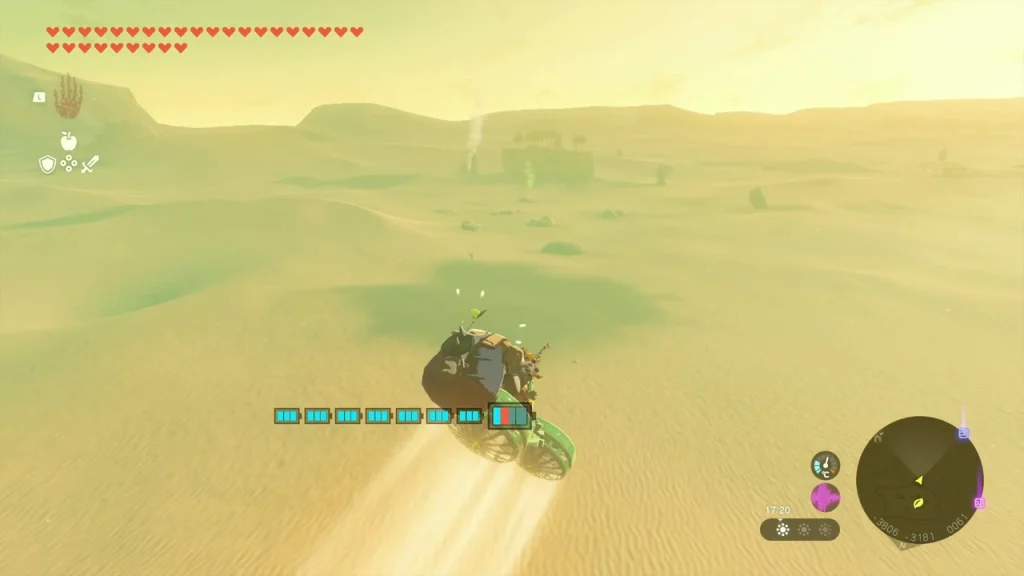 Zonai vehicle carrying the exhausted Korok across the dunes toward its friend Zonai vehicle carrying the exhausted Korok across the dunes toward its friend