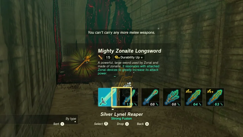 Mighty Zonaite Longsword item box above a chest in the surface labyrinth Mighty Zonaite Longsword item box above a chest in the surface labyrinth