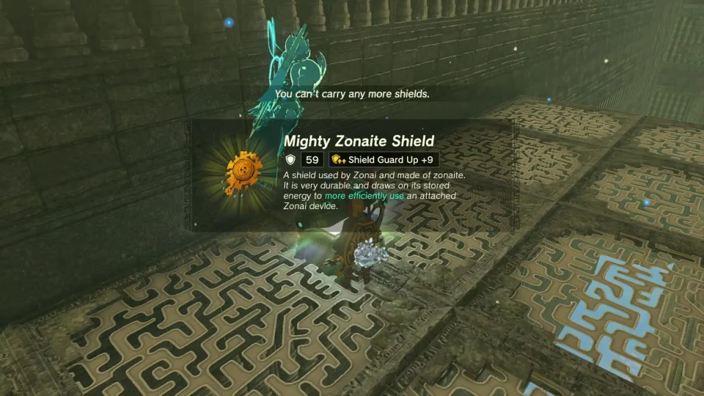 Mighty Zonaite Shield item box above a chest on a patterned ledge Mighty Zonaite Shield item box above a chest on a patterned ledge