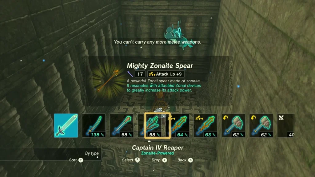 Mighty Zonaite Spear item box above a chest on a sky labyrinth ledge Mighty Zonaite Spear item box above a chest on a sky labyrinth ledge