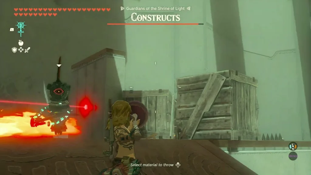 Laser-eyed Construct guardian near stacked crates in Miryotanog Shrine Laser-eyed Construct guardian near stacked crates in Miryotanog Shrine