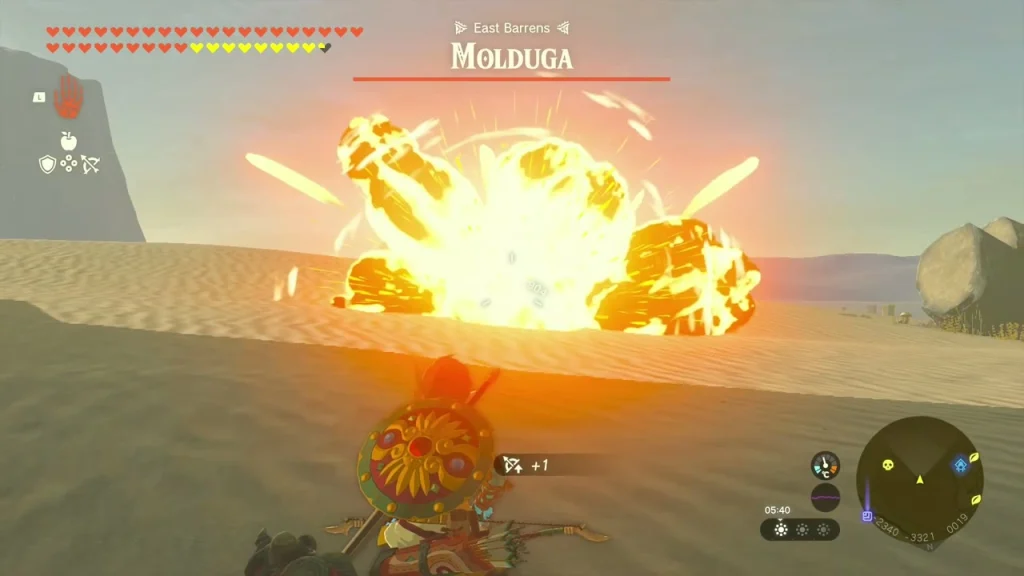 Molduga in the East Barrens struck by an explosion with its health bar shown Molduga in the East Barrens struck by an explosion with its health bar shown