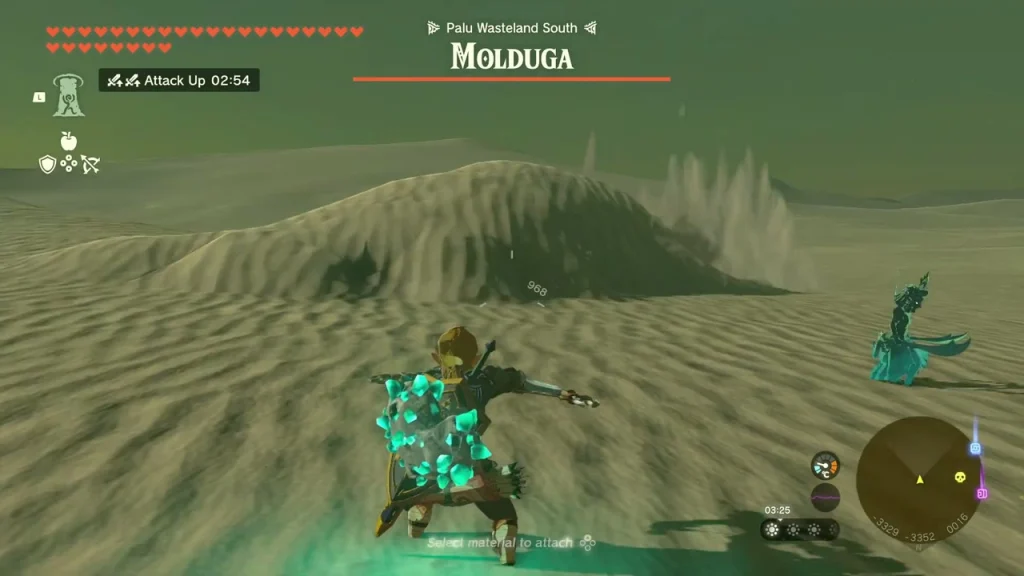Molduga surfacing from a long dune ridge in Palu Wasteland South with its health bar shown Molduga surfacing from a long dune ridge in Palu Wasteland South with its health bar shown