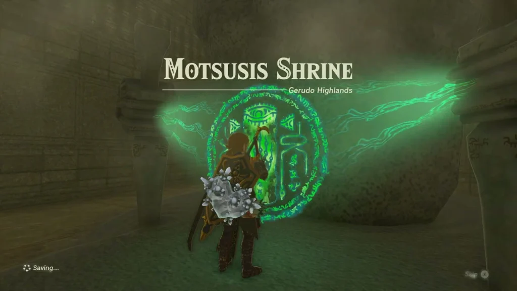 Motsusis Shrine entrance arch glowing green in the labyrinth wall Motsusis Shrine entrance arch glowing green in the labyrinth wall