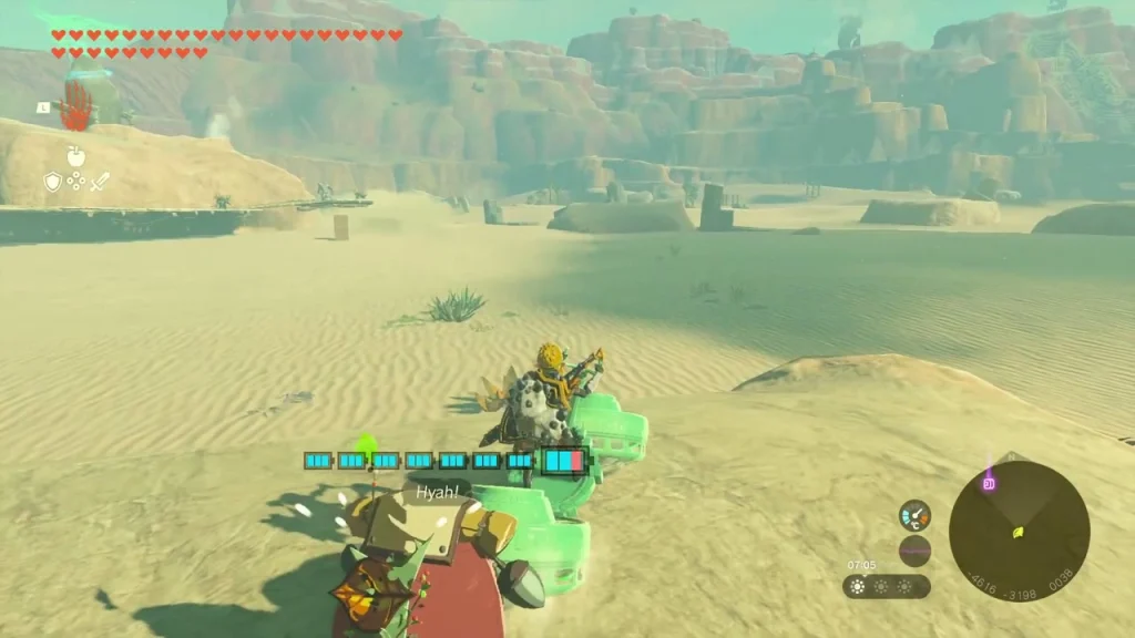 Exhausted Korok riding a Zonai cart across open sand toward its friend Exhausted Korok riding a Zonai cart across open sand toward its friend