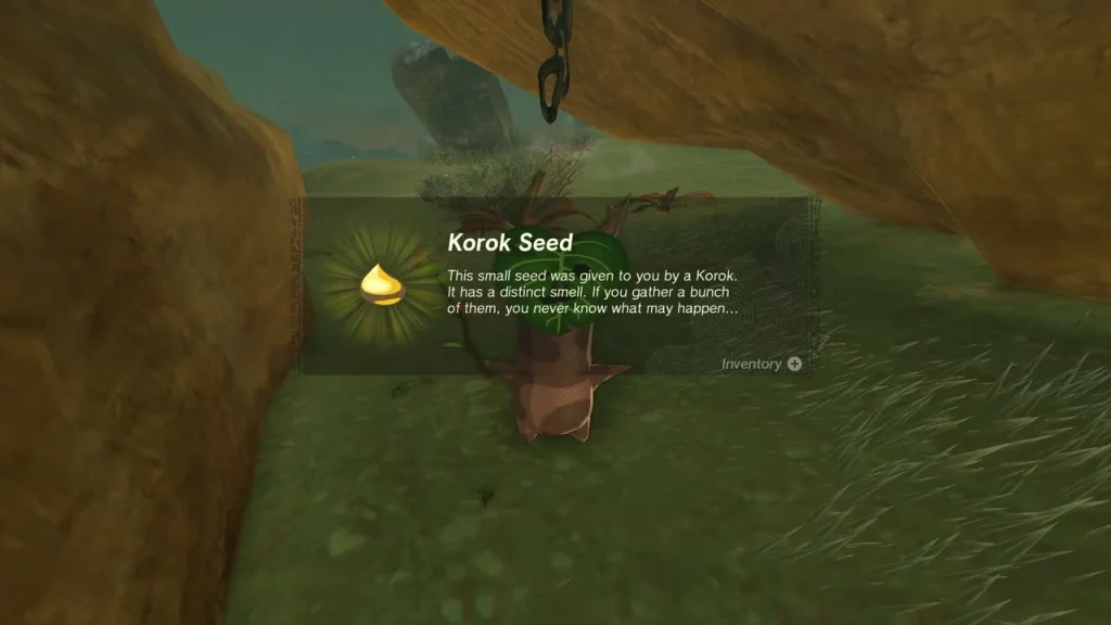 Korok Seed item box beside a hanging chain and rock Korok Seed item box beside a hanging chain and rock