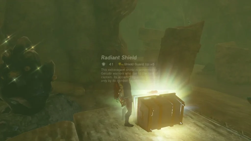 Radiant Shield glowing from a chest in East Gerudo Ruins Cave Radiant Shield glowing from a chest in East Gerudo Ruins Cave