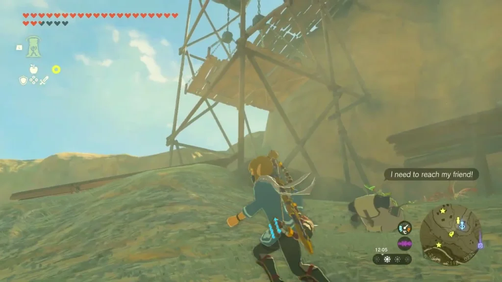 Tired Korok beside a wooden scaffold that must be carried up to its friend Tired Korok beside a wooden scaffold that must be carried up to its friend