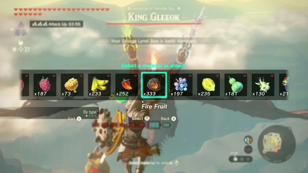 Fire Fruit selected for an arrow in the fight with King Gleeok over the sky ruins Fire Fruit selected for an arrow in the fight with King Gleeok over the sky ruins