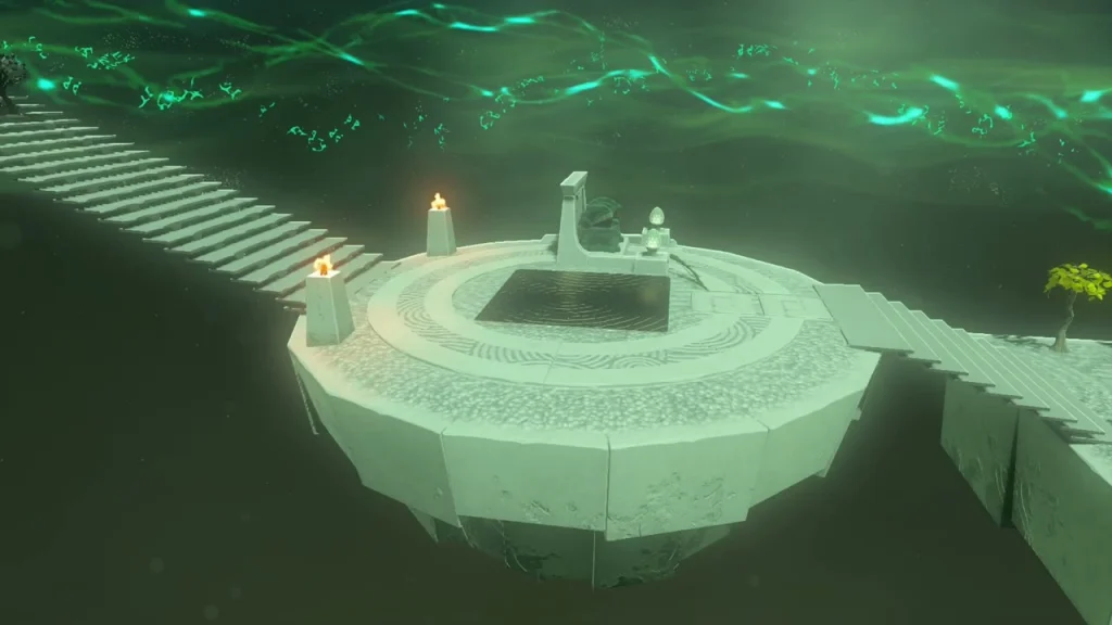 Round stone island with unlit braziers across the gap at Siyamotsus Shrine Round stone island with unlit braziers across the gap at Siyamotsus Shrine