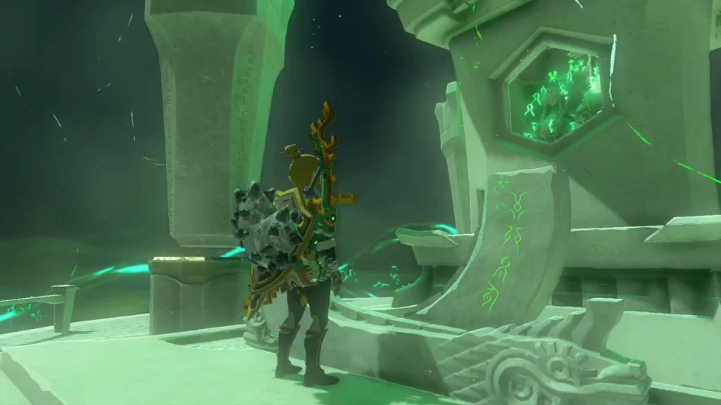 Green hexagonal gem and pedestal beside the Siyamotsus Shrine altar Green hexagonal gem and pedestal beside the Siyamotsus Shrine altar