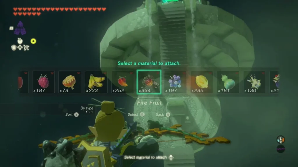 Bow materials menu with Fire Fruit selected to attach to an arrow Bow materials menu with Fire Fruit selected to attach to an arrow