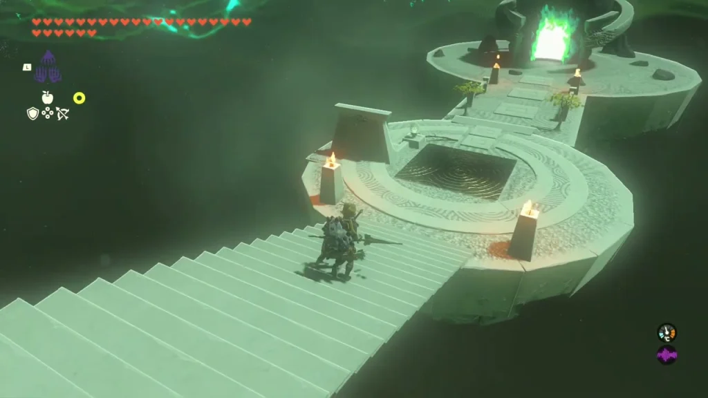 Second brazier island and glowing shrine door reached by a long staircase Second brazier island and glowing shrine door reached by a long staircase