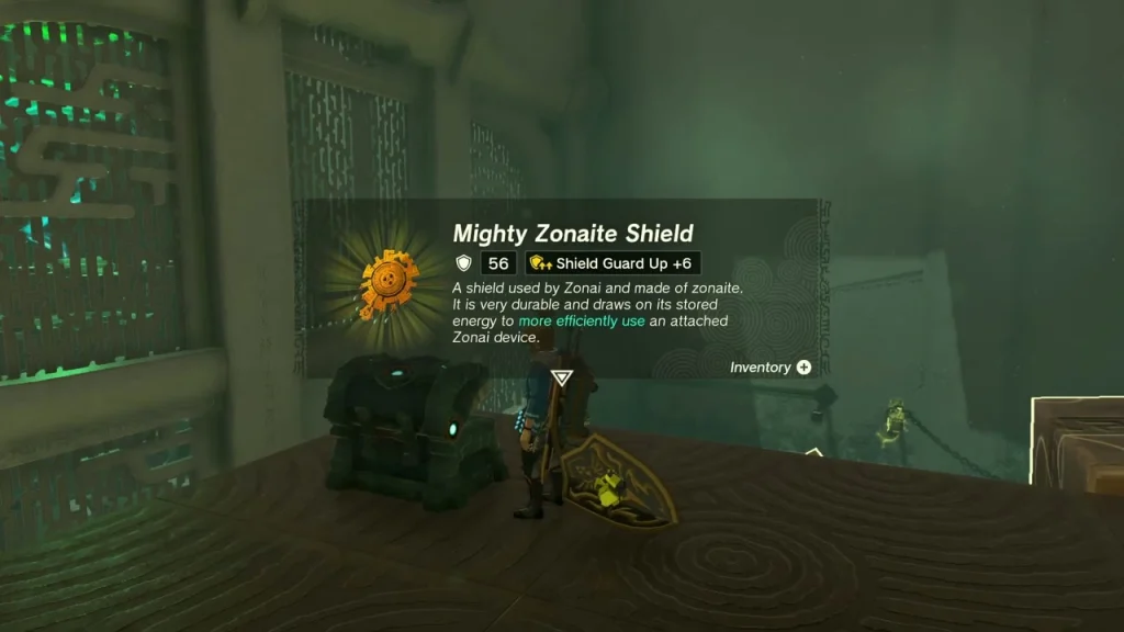 Mighty Zonaite Shield item box beside the Turakamik Shrine chest Mighty Zonaite Shield item box beside the Turakamik Shrine chest